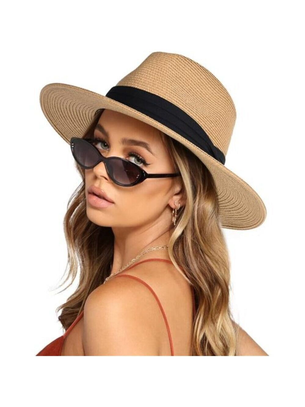 Wide Brim Panama Straw Hat Women Men Summer Fedora Sun Hat UPF 50 Beach